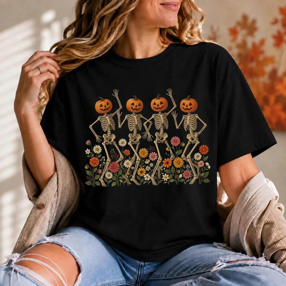 Halloween Dancing Skeleton Shirt, Floral Fall Graphic Tee, Spooky Women Tshirt
